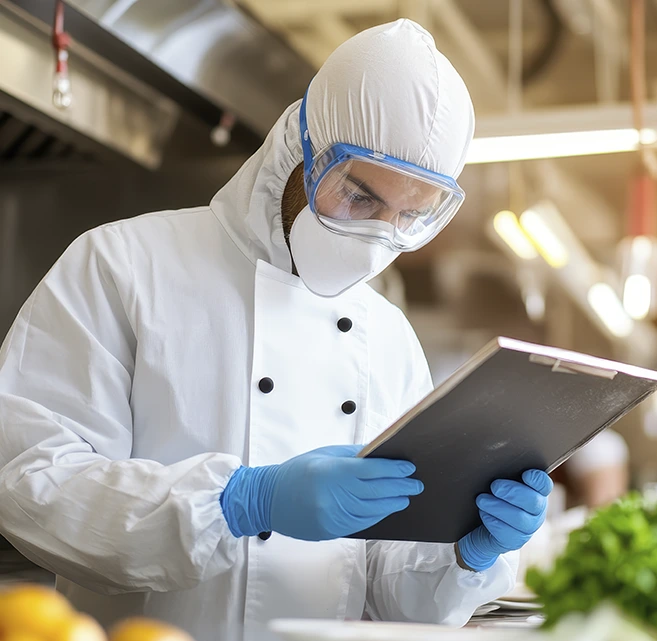 Profissional inspecionando uma cozinha, com equipamentos de proteção e prancheta