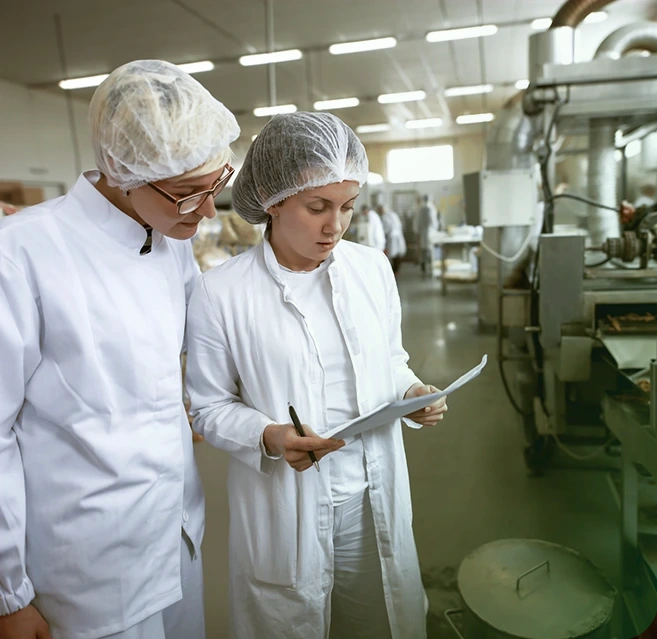 Profissionais de segurança alimentar conferindo processos em uma cozinha industrial